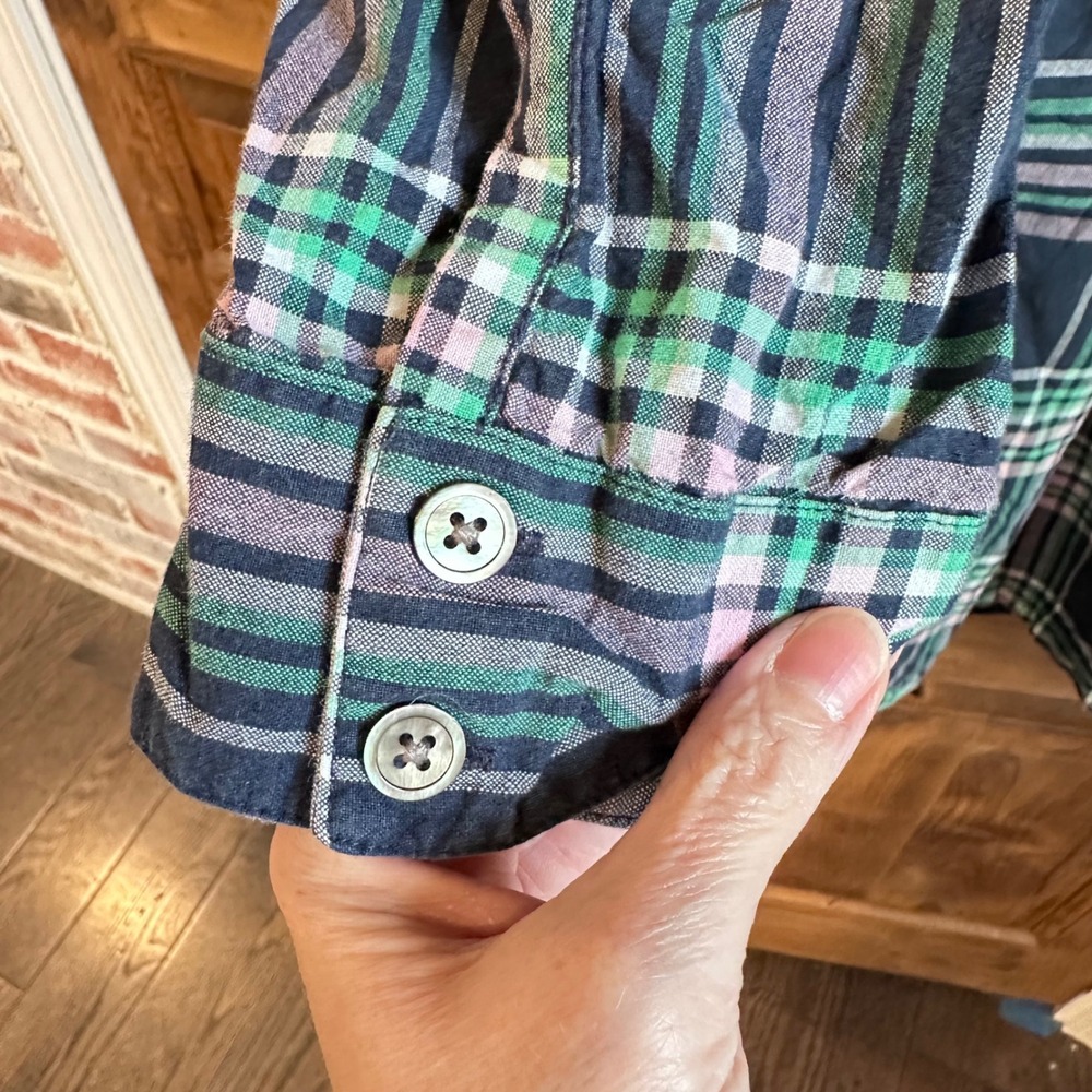 Lands' End Shirt Dress Women 14P Blue Green Plaid Cotton Drawstring Waist Pocket - Picture 6 of 11